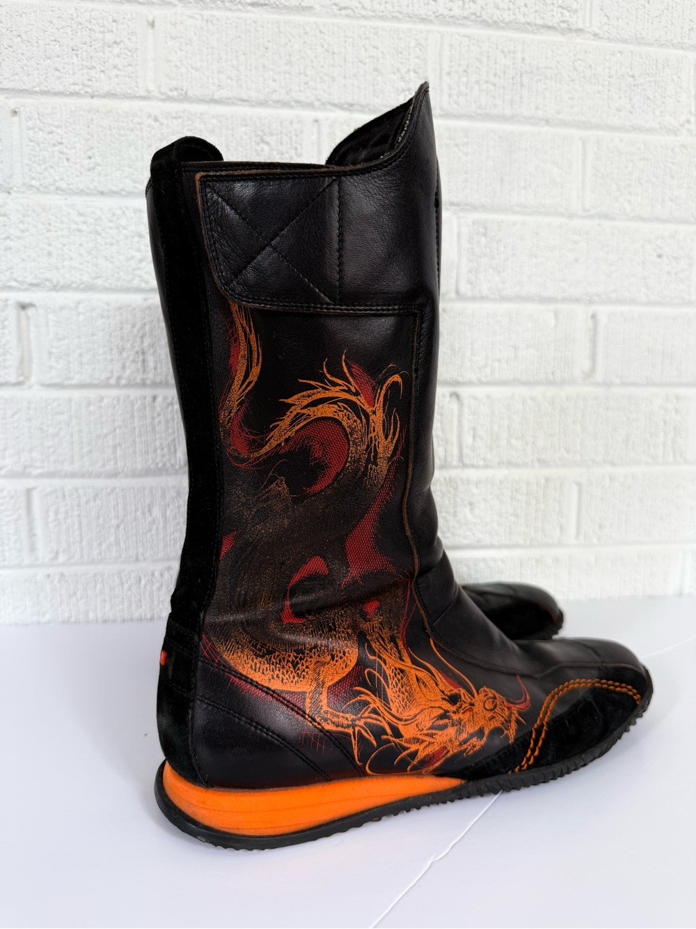 BOSS ORANGE Black Leather Combat Boots with Orange Dragon Accent